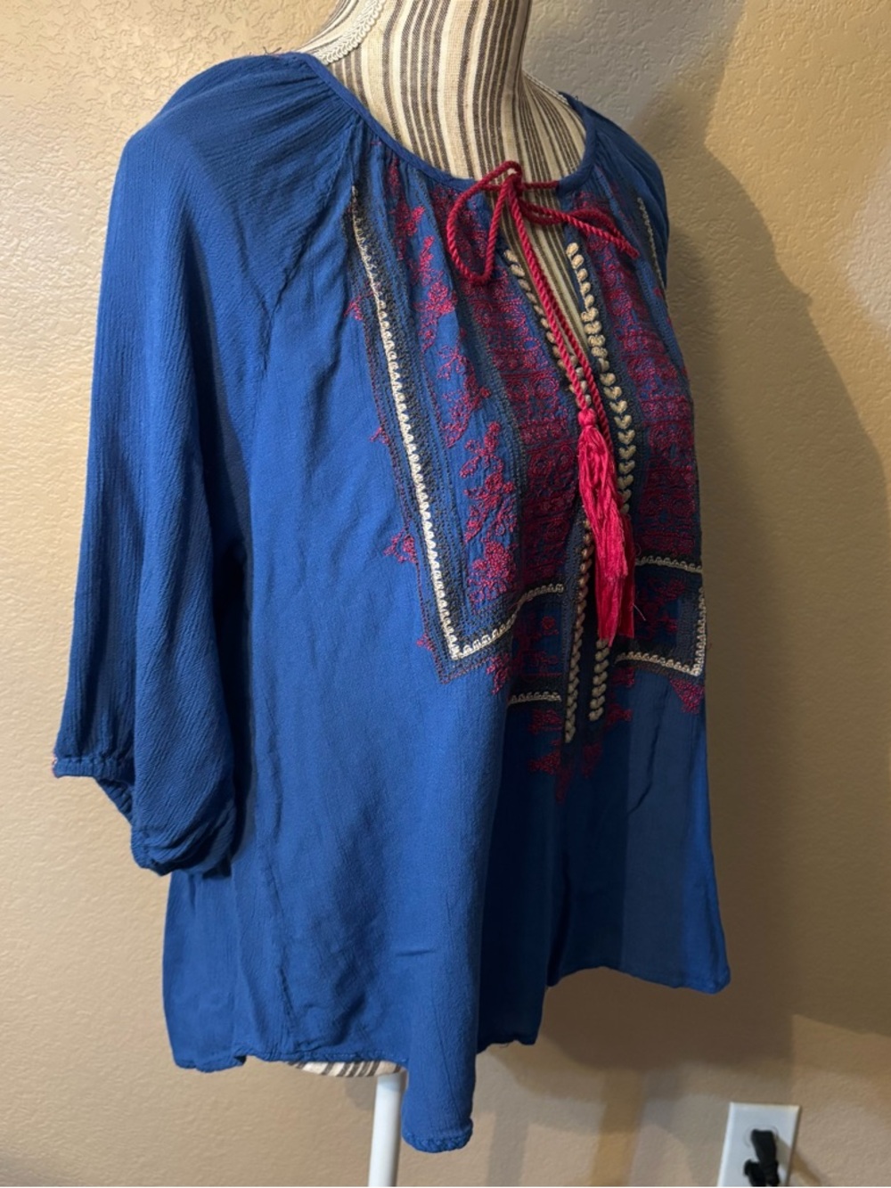 Hazel Boho Top Large Blue Embroidered Peasant Tunic Magenta Tassels 3/4 Sleeves - Picture 5 of 16